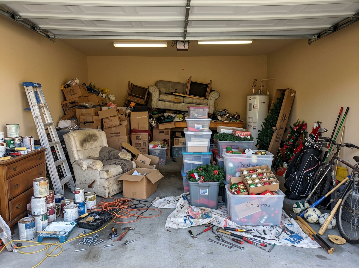 Cluttered garage before Orange County garage cleaning and organization by OC Garage Cleaners